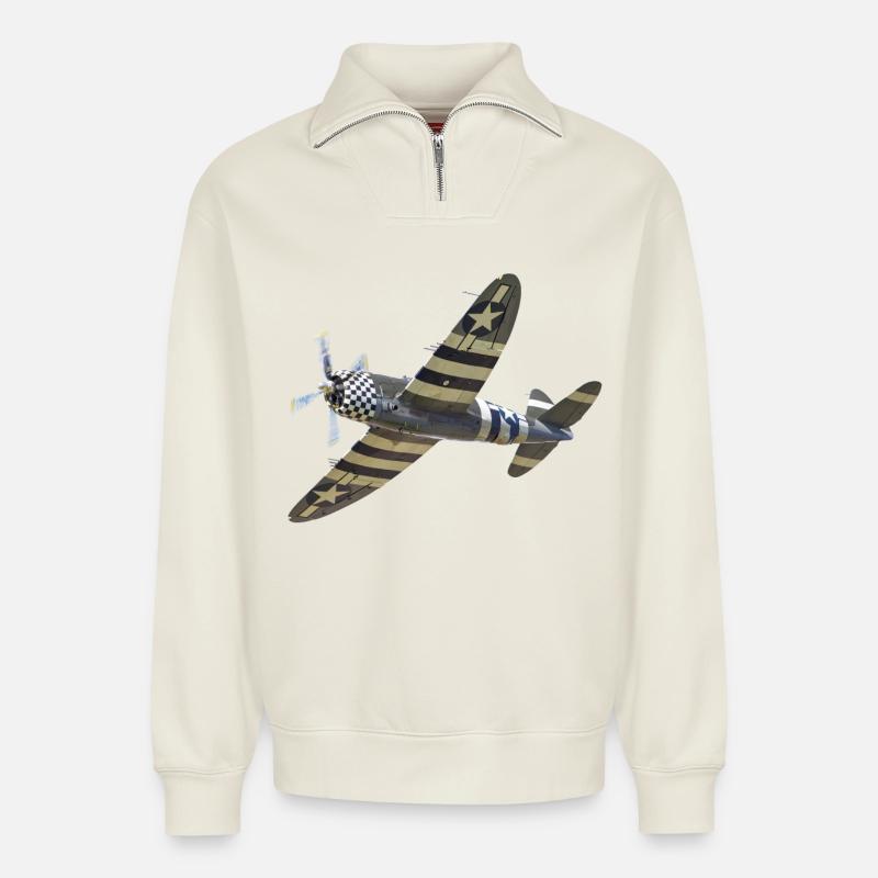 P-47 Thunderbolt - Sweat unisexe décontracté en coton biologique à demi-zip – de SPREAD - blanc cassé