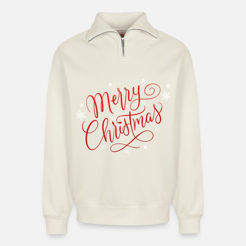Merry Christmas mit Schneeflocken - Relaxed Unisex Organic Half Zip Sweatshirt – von SPREAD - Naturweiß