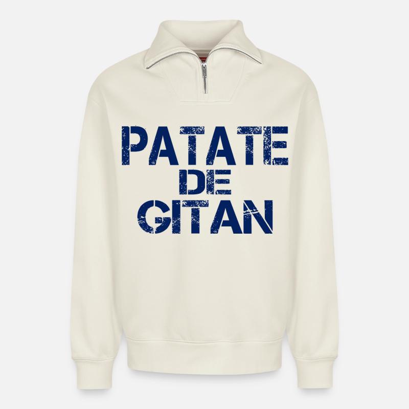 Patate GITAN bleu - Sweat unisexe décontracté en coton biologique à demi-zip – de SPREAD - blanc cassé