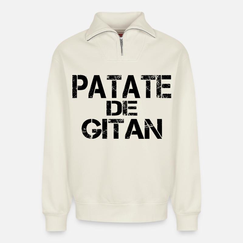 Patate de GITAN - Sweat unisexe décontracté en coton biologique à demi-zip – de SPREAD - blanc cassé