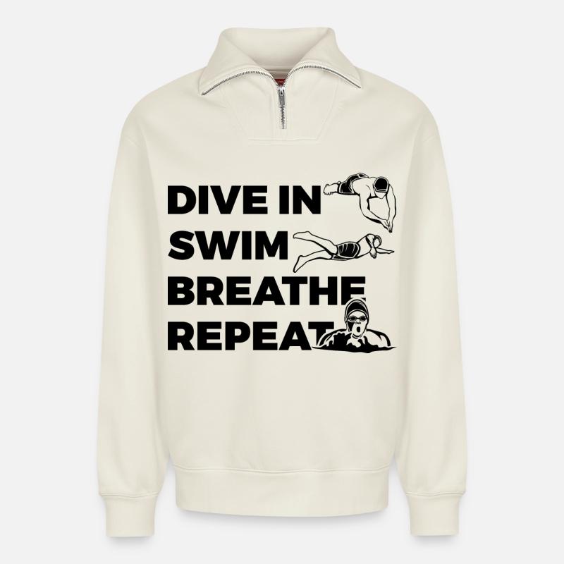 Schwimm Routine - Relaxed Unisex Organic Half Zip Sweatshirt – von SPREAD - Naturweiß