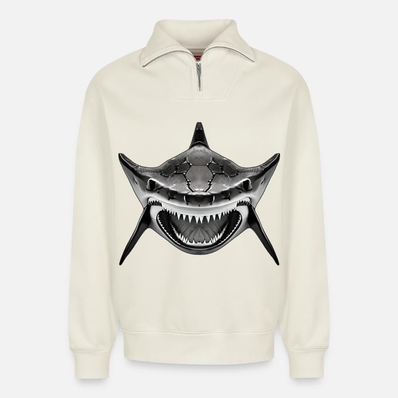 Requin avec la gueule ouverte - Sweat unisexe décontracté en coton biologique à demi-zip – de SPREAD - blanc cassé
