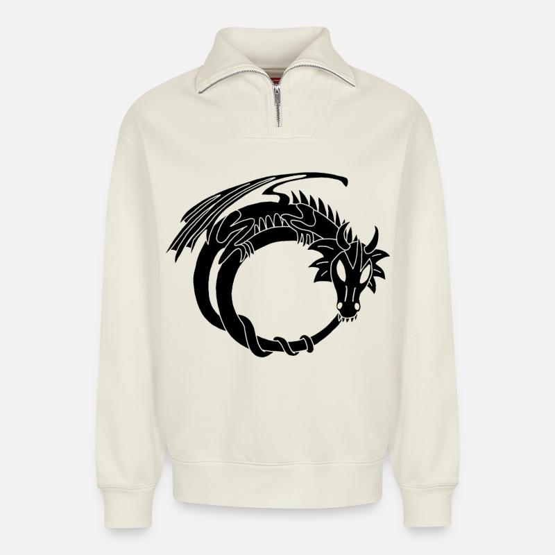 L'anneau du dragon noir - Sweat unisexe décontracté en coton biologique à demi-zip – de SPREAD - blanc cassé