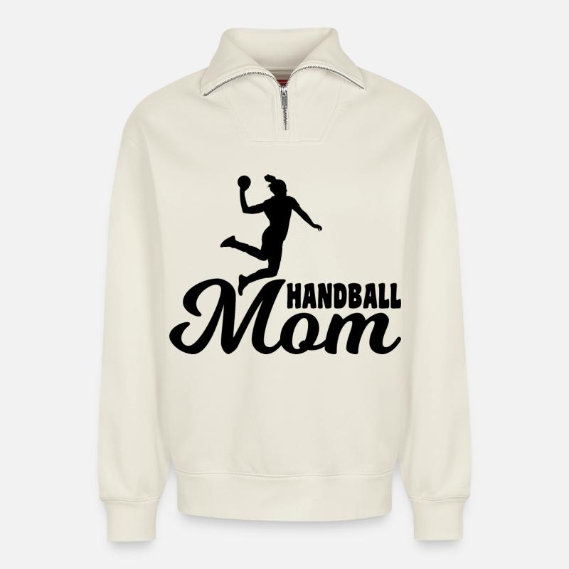 Mère du handball - Sweat unisexe décontracté en coton biologique à demi-zip – de SPREAD - blanc cassé