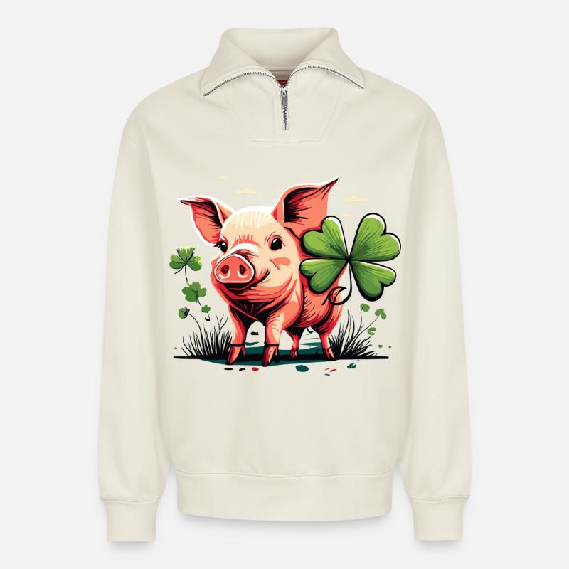 Glücksschwein - Relaxed Unisex Organic Half Zip Sweatshirt – von SPREAD - Naturweiß