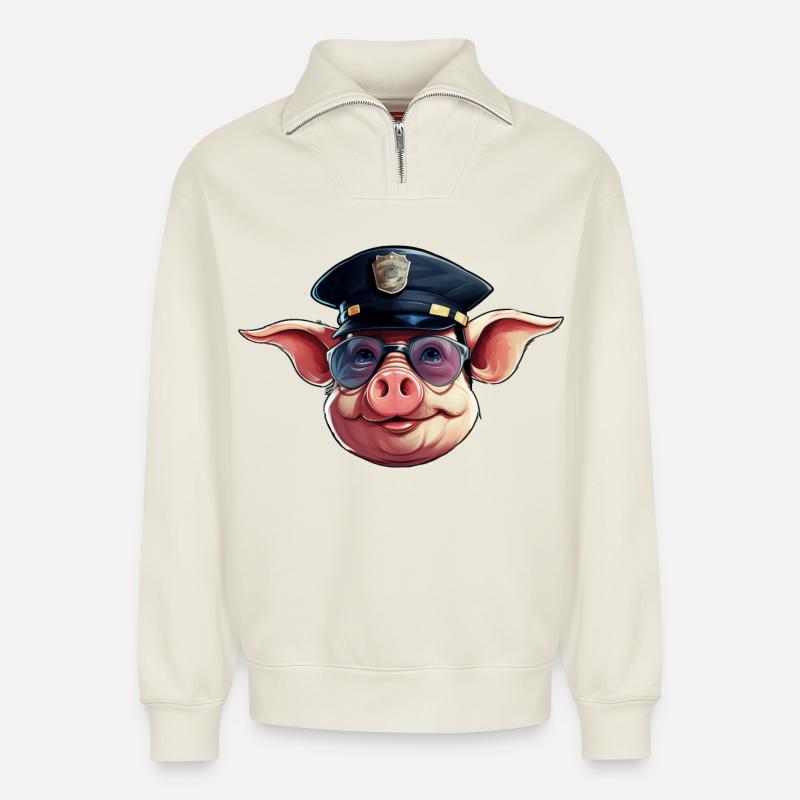 Schweine Polizei - Relaxed Unisex Organic Half Zip Sweatshirt – von SPREAD - Naturweiß