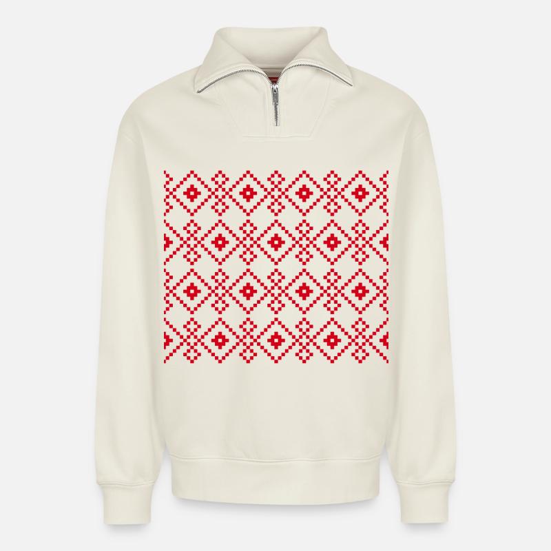 Weihnachtlicher einfarbiger Pullover (rot) - Relaxed Unisex Organic Half Zip Sweatshirt – von SPREAD - Naturweiß