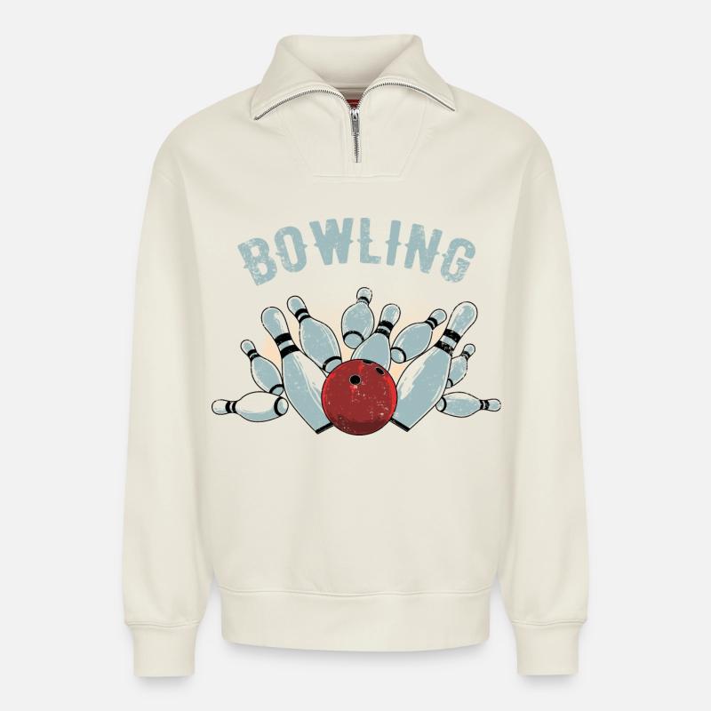 Bowling Strike Sketch - Relaxed Unisex Organic Half Zip Sweatshirt – by SPREAD - off white