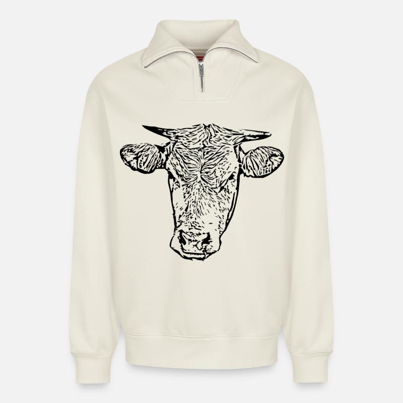 Vache - Sweat unisexe décontracté en coton biologique à demi-zip – de SPREAD - blanc cassé
