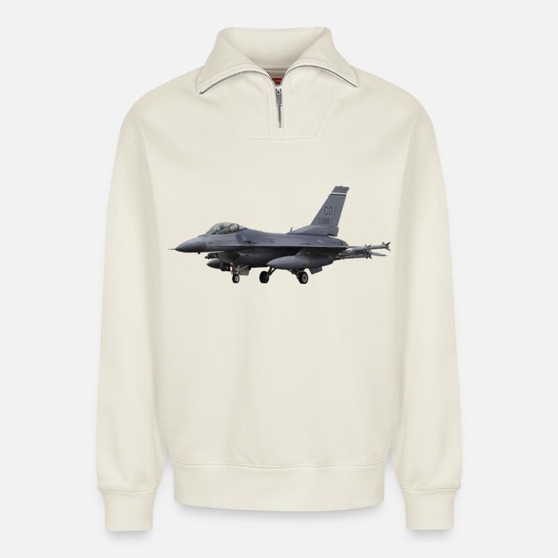 F-16 Fighting Falcon - Relaxed Unisex Organic Half Zip Sweatshirt – von SPREAD - Naturweiß