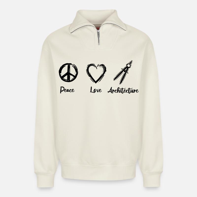 Peace Love Architecture - Relaxed Unisex Organic Half Zip Sweatshirt – von SPREAD - Naturweiß