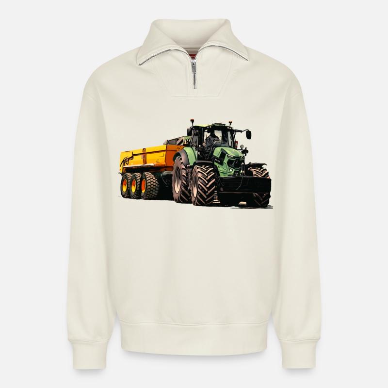 Traktor mit Anhänger Kipper - Relaxed Unisex Organic Half Zip Sweatshirt – von SPREAD - Naturweiß