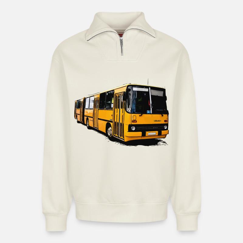 Gelber Ikarus Bus Z80 - Relaxed Unisex Organic Half Zip Sweatshirt – von SPREAD - Naturweiß