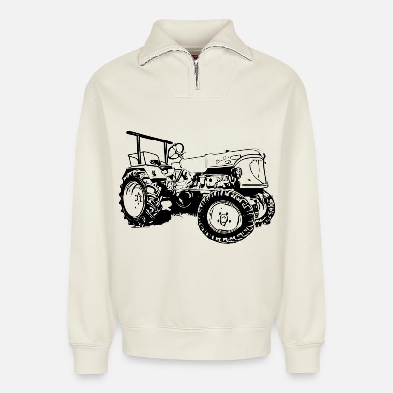 Traktor Güldner ADN-8 Haifischmaul - Relaxed Unisex Organic Half Zip Sweatshirt – von SPREAD - Naturweiß