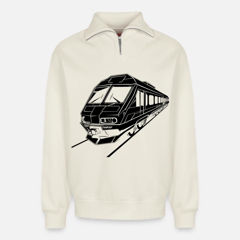 Graphismes de train - Sweat unisexe décontracté en coton biologique à demi-zip – de SPREAD - blanc cassé