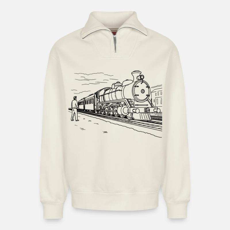 Train Lover Sketch - Relaxed Unisex Organic Half Zip Sweatshirt – by SPREAD - off white