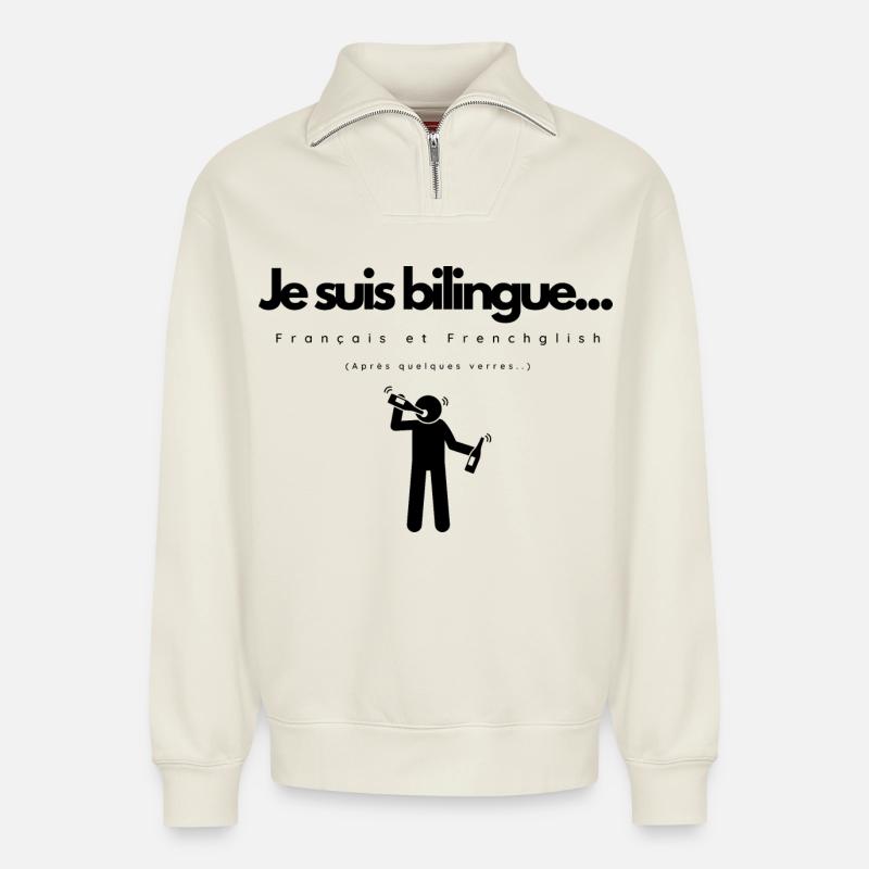 Je suis Bilingue - Sweat unisexe décontracté en coton biologique à demi-zip – de SPREAD - blanc cassé
