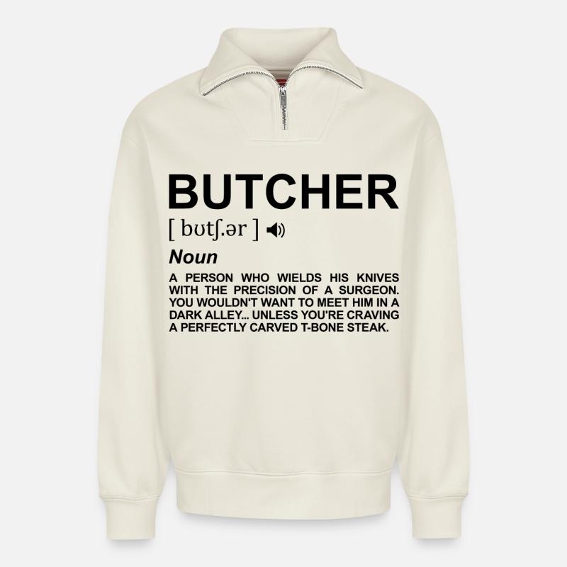 Signification de Butcher - Sweat unisexe décontracté en coton biologique à demi-zip – de SPREAD - blanc cassé