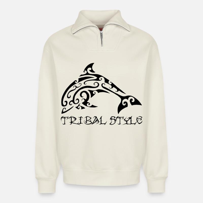 Polynesian black dolphin - Relaxed Unisex Organic Half Zip Sweatshirt – by SPREAD - off white