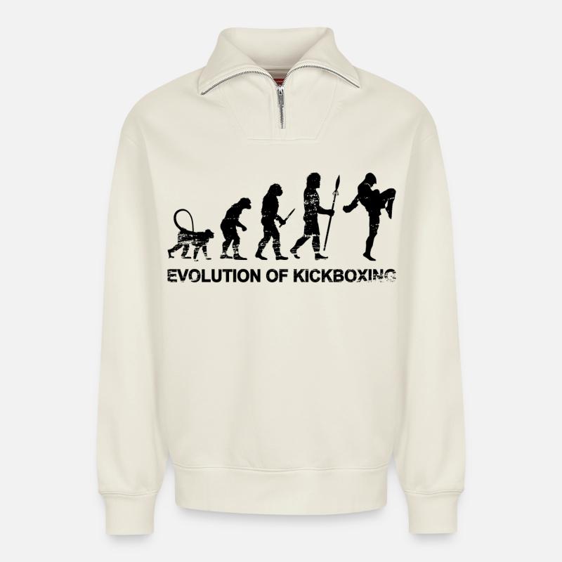 Évolution du kickboxing - Sweat unisexe décontracté en coton biologique à demi-zip – de SPREAD - blanc cassé