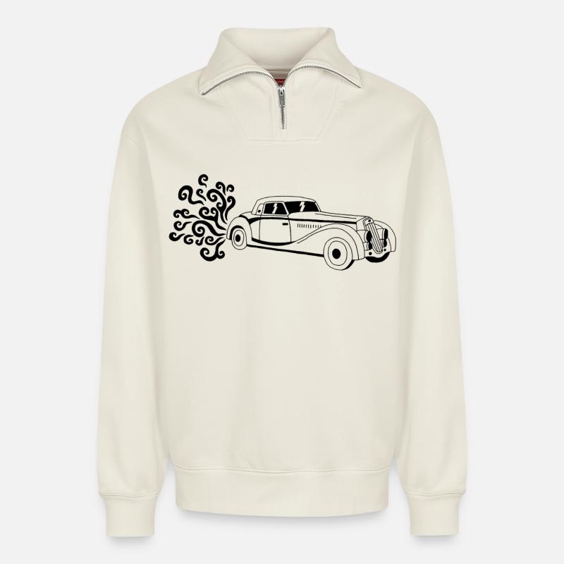 Schwarzer Oldtimer - Relaxed Unisex Organic Half Zip Sweatshirt – von SPREAD - Naturweiß