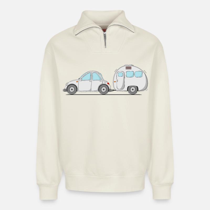 Auto mit Wohnwagen Grau - Relaxed Unisex Organic Half Zip Sweatshirt – von SPREAD - Naturweiß