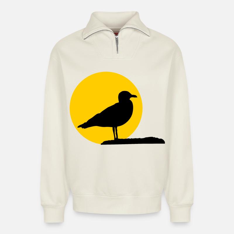 Mouette devant le soleil - Sweat unisexe décontracté en coton biologique à demi-zip – de SPREAD - blanc cassé