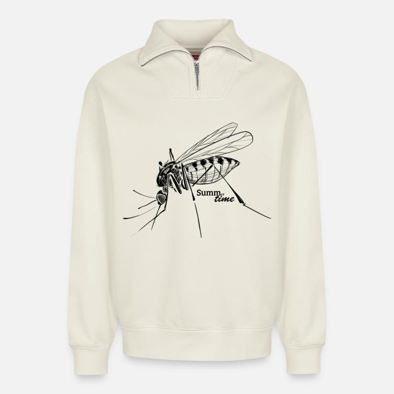 Amour d’été : Buzz-er-time - Mosquito Time - Sweat unisexe décontracté en coton biologique à demi-zip – de SPREAD - blanc cassé
