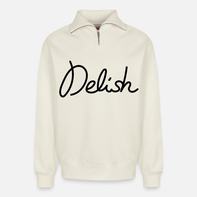 Delish – Déclaration gastronomique élégante - Sweat unisexe décontracté en coton biologique à demi-zip – de SPREAD - blanc cassé