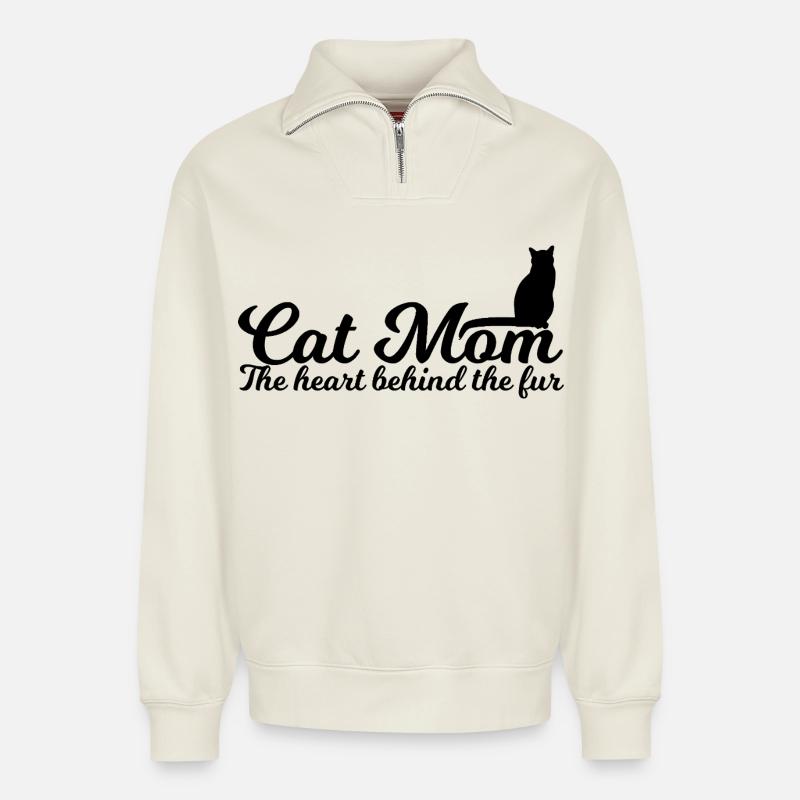 Maman chat - Sweat unisexe décontracté en coton biologique à demi-zip – de SPREAD - blanc cassé