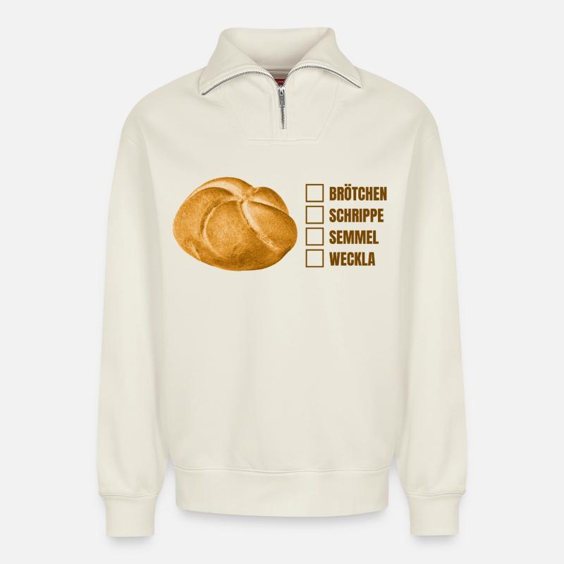 Brötchen oder Semmel? – Lustiges Dialekt-Design - Relaxed Unisex Organic Half Zip Sweatshirt – von SPREAD - Naturweiß