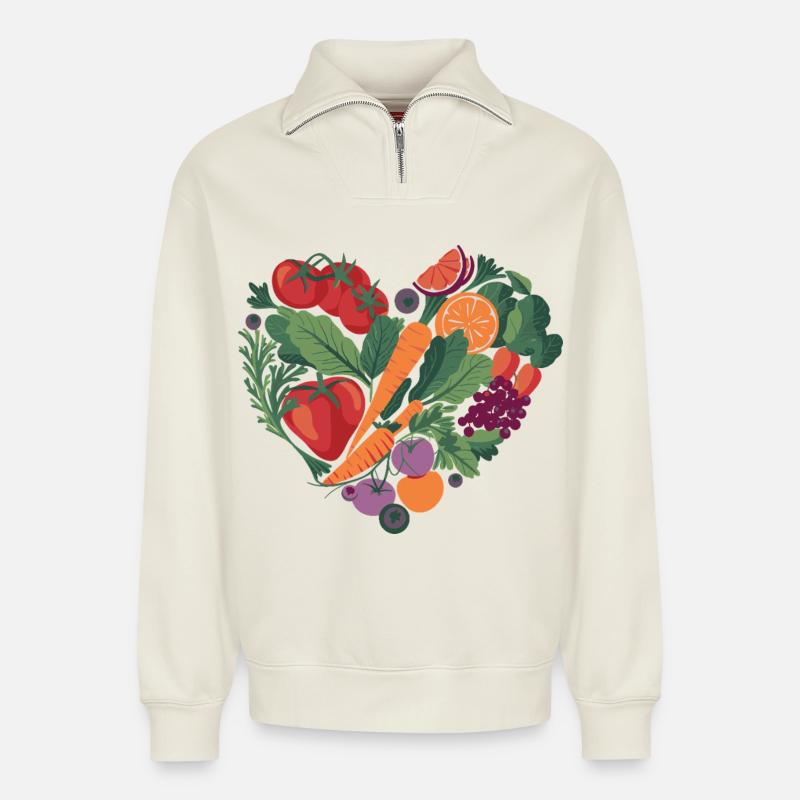 Gesunder Lebensstil Herz Gemüse - Relaxed Unisex Organic Half Zip Sweatshirt – von SPREAD - Naturweiß