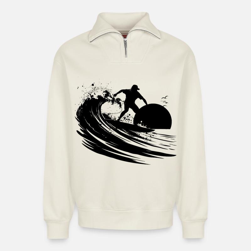 Surfeur - Sweat unisexe décontracté en coton biologique à demi-zip – de SPREAD - blanc cassé