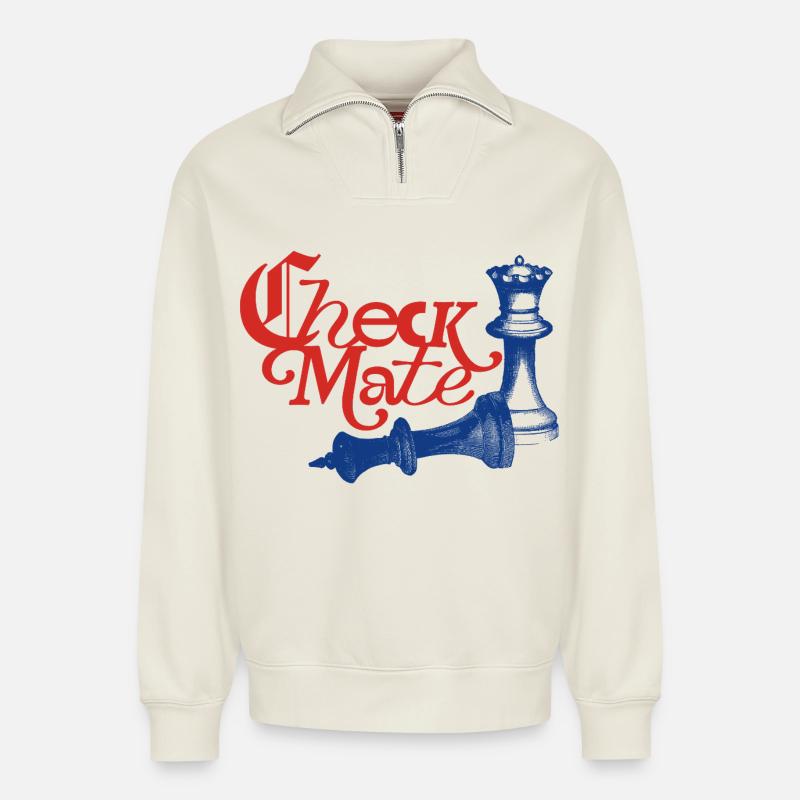 Déclaration de Check Mate - Sweat unisexe décontracté en coton biologique à demi-zip – de SPREAD - blanc cassé