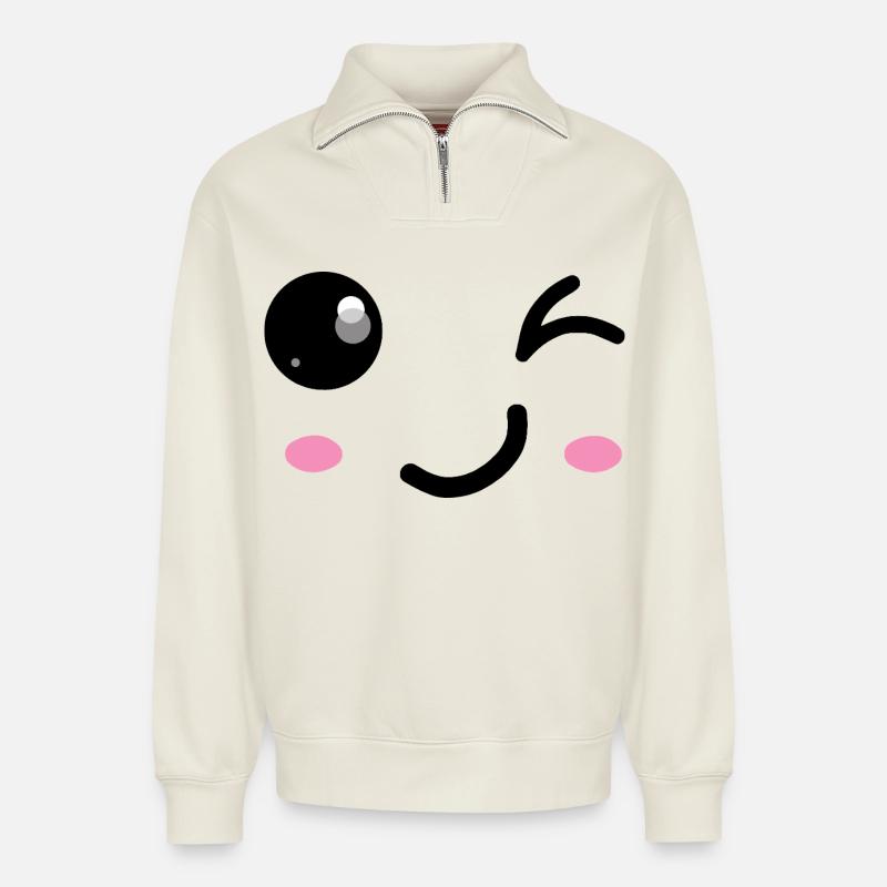 Wink smile - Relaxed Unisex Organic Half Zip Sweatshirt – by SPREAD - off white