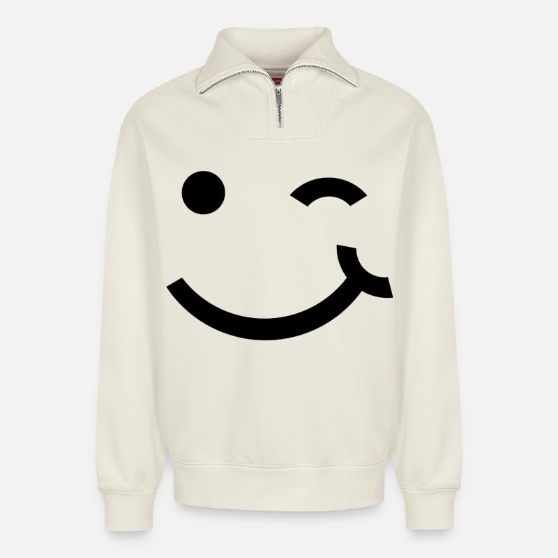 Winking face, Wink smile - Relaxed Unisex Organic Half Zip Sweatshirt – by SPREAD - off white