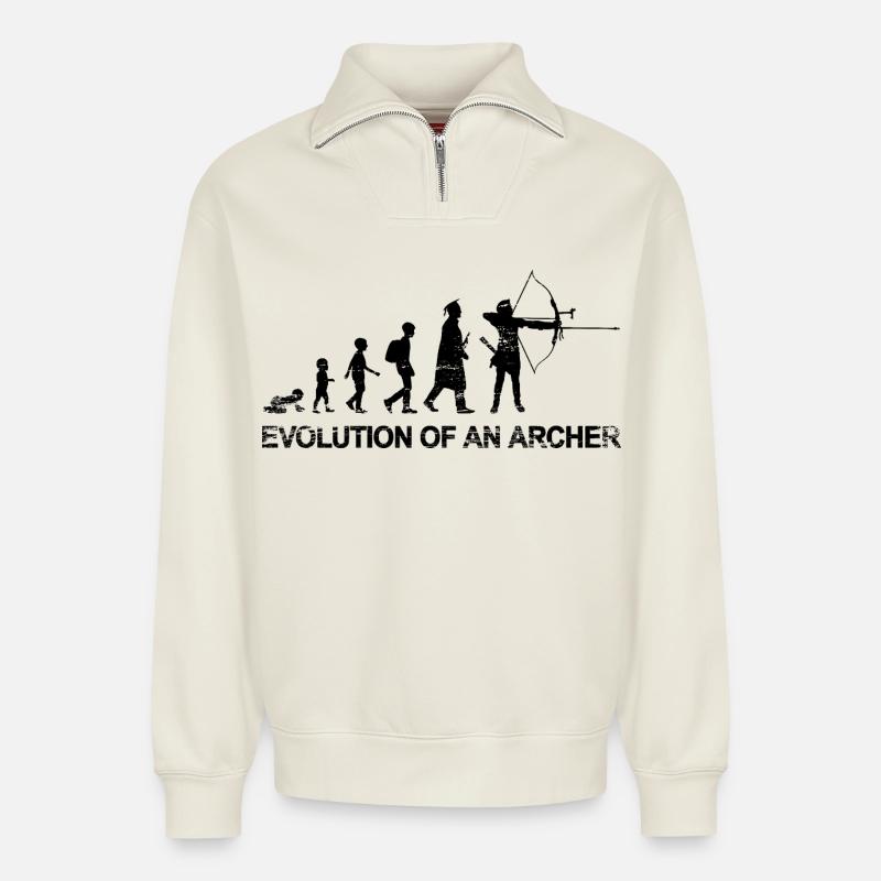 Évolution d’un archer - Sweat unisexe décontracté en coton biologique à demi-zip – de SPREAD - blanc cassé