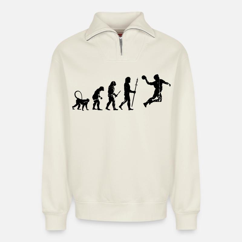 Funny handball player Evolution - Relaxed Unisex Organic Half Zip Sweatshirt – by SPREAD - off white