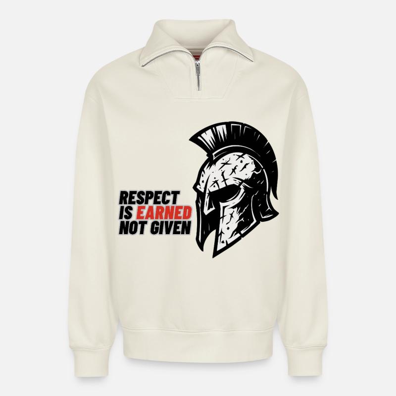Respect Is earned not given – Spartanerhelm - Relaxed Unisex Organic Half Zip Sweatshirt – von SPREAD - Naturweiß