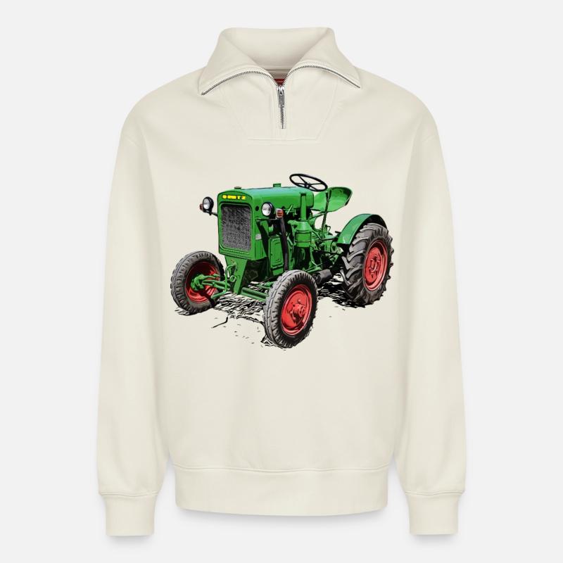 Grüner Oldtimer-Traktor - Relaxed Unisex Organic Half Zip Sweatshirt – von SPREAD - Naturweiß