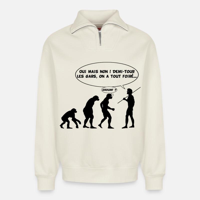 Evolutionsfehler (schwarz) - Relaxed Unisex Organic Half Zip Sweatshirt – von SPREAD - Naturweiß