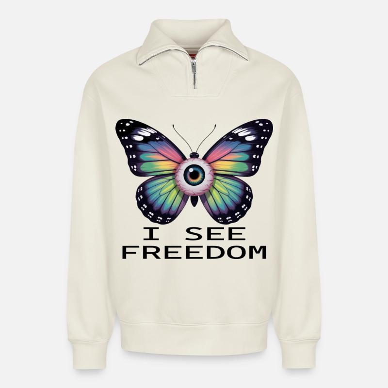Regenbogenaugen-Schmetterling - Relaxed Unisex Organic Half Zip Sweatshirt – von SPREAD - Naturweiß