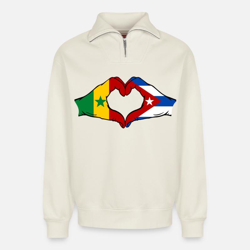 Senegal Cuba Flag Hands Heart Shape - Relaxed Unisex Organic Half Zip Sweatshirt – by SPREAD - off white