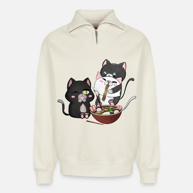 Katzen essen Ramen - Relaxed Unisex Organic Half Zip Sweatshirt – von SPREAD - Naturweiß