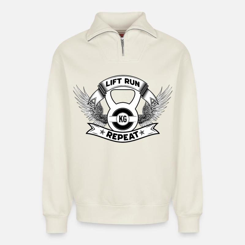 Lift Run Repeat – Kettlebell Wings Tee - Relaxed Unisex Organic Half Zip Sweatshirt – von SPREAD - Naturweiß