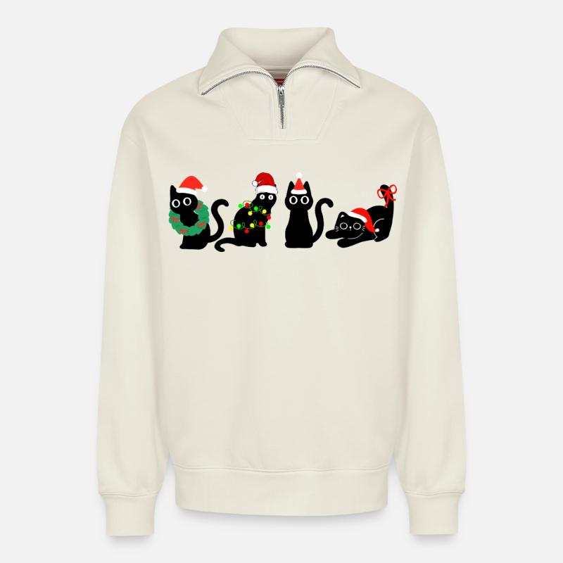 Chat à Noël - Sweat unisexe décontracté en coton biologique à demi-zip – de SPREAD - blanc cassé