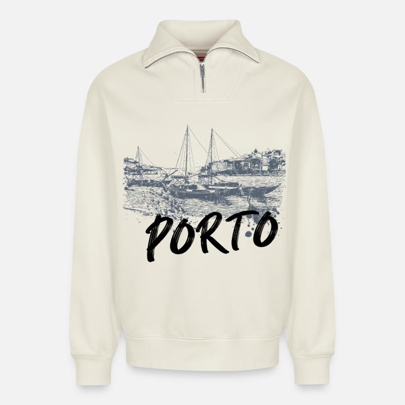 Porto Douro Einfarbige Rabelo Boote - Relaxed Unisex Organic Half Zip Sweatshirt – von SPREAD - Naturweiß