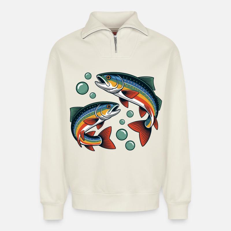 Regenbogenforellen - Relaxed Unisex Organic Half Zip Sweatshirt – von SPREAD - Naturweiß