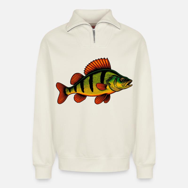 Barsch Flussbarsch Barschangeln Barsche Barsch - Relaxed Unisex Organic Half Zip Sweatshirt – von SPREAD - Naturweiß