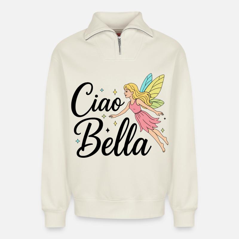 Ciao Bella - Relaxed Unisex Organic Half Zip Sweatshirt – von SPREAD - Naturweiß